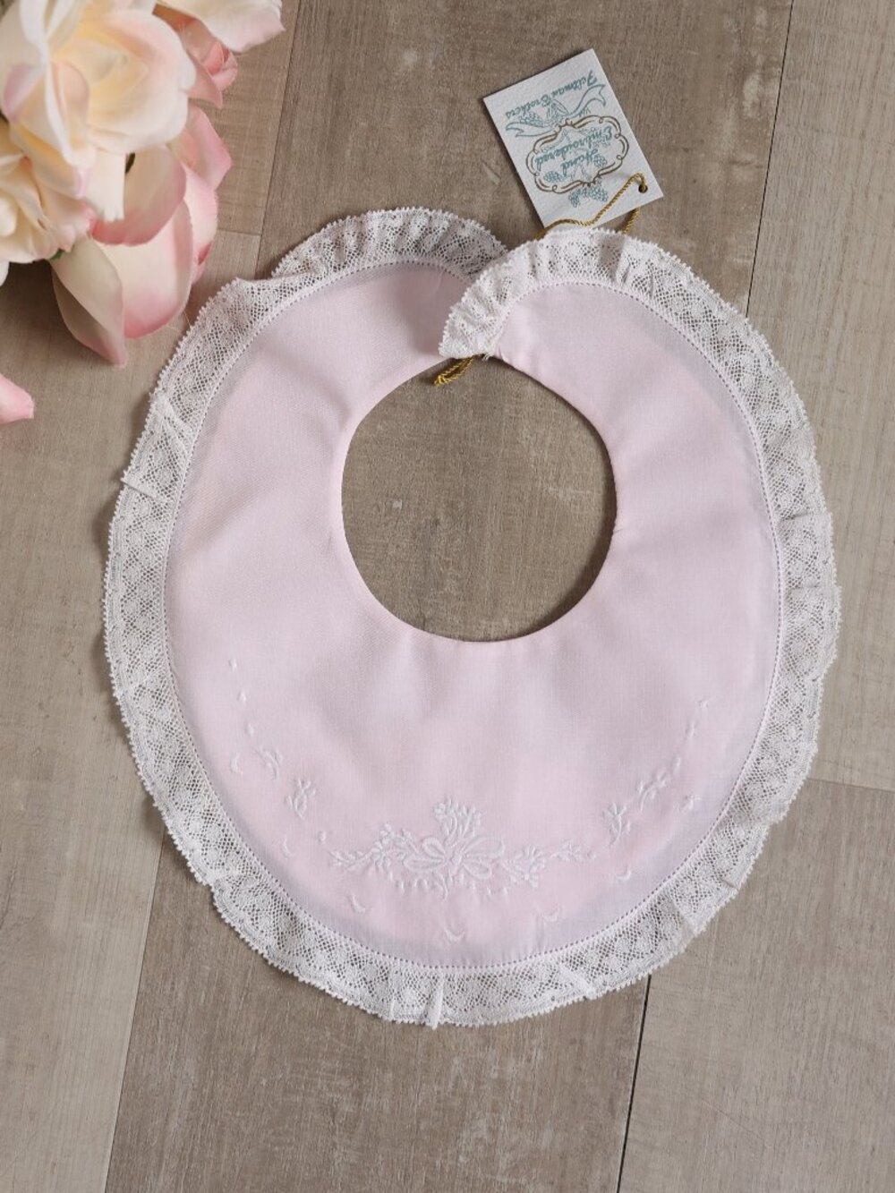 Feltman Brothers Pink Floral Bow Embroidered Lace Bib Baby Special Occasion NWT